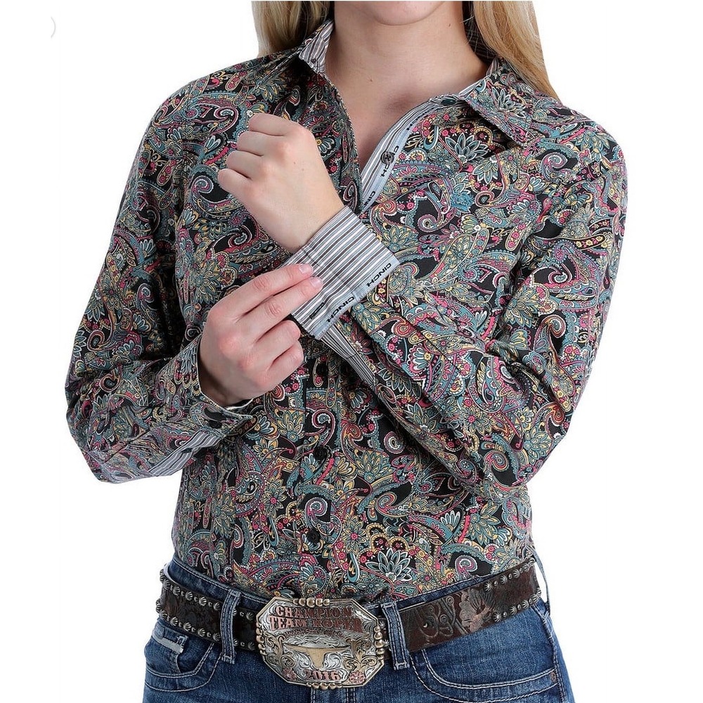 Cinch Women's Sz Large Multicolor Paisley Flip Cuff Button Down Shirt Western